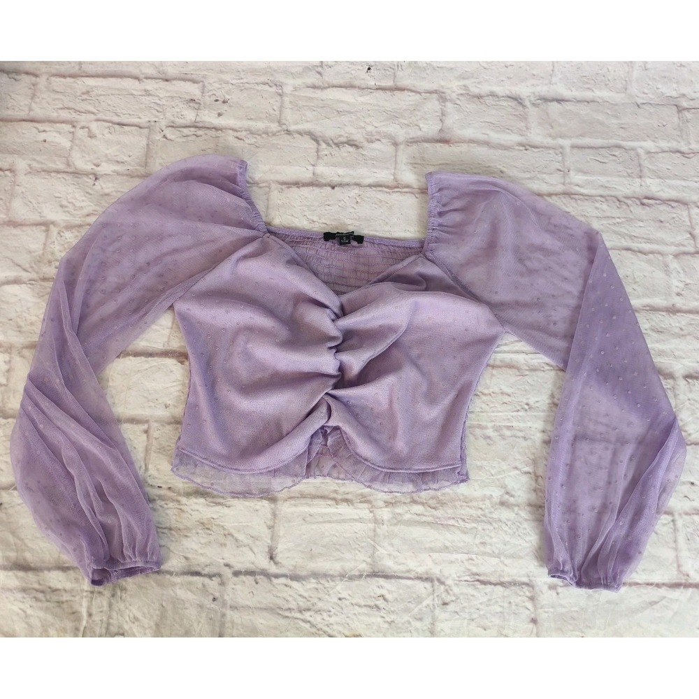 Lavender Purple Rusched Sheer Long Sleeve Crop Top Fairy Swiss Dot Whimsy Jrs S